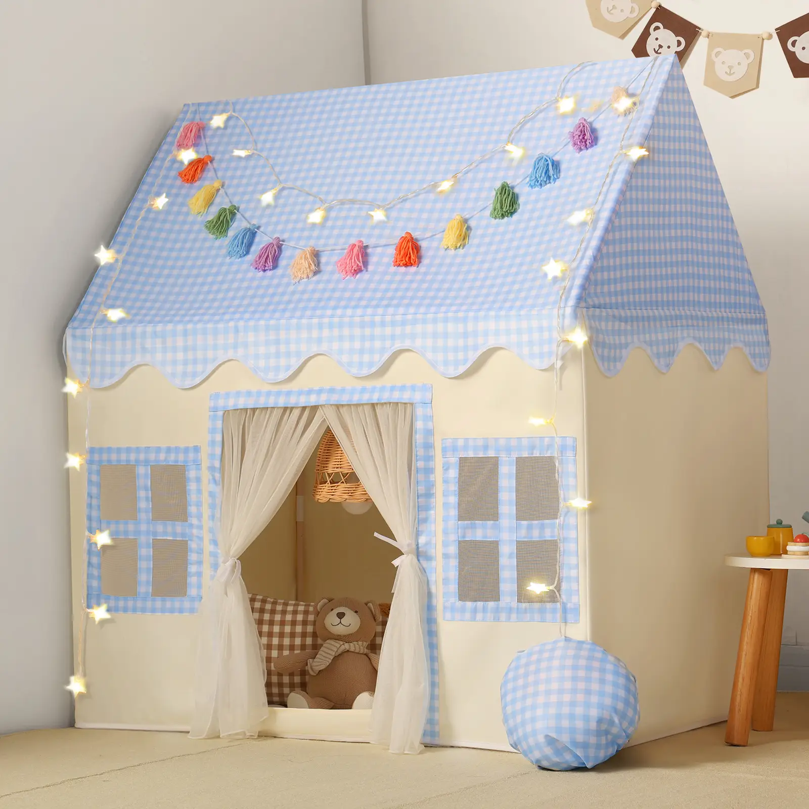 Sumbababy Halloween Kids Outdoor Play Tent Washable Playroom with Padded Mat, Blue Checkered, Star Lights Toys Gift Game Fun Indoor Playground