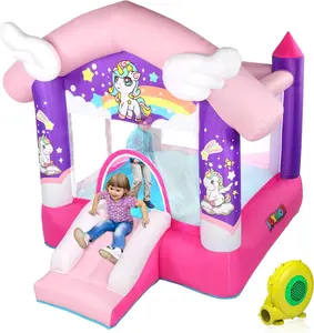 JOYMOR Pink Inflatable Bounce House with Slide, Unicorn Theme Princess, for Girls Outdoor and Indoor Use, Pink Bounce House for Kids 3-6 (Blower Included)