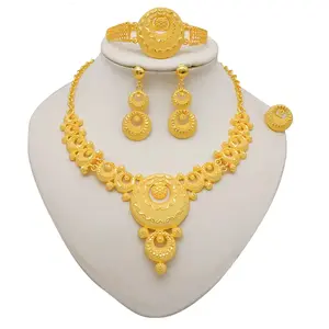 4-Piece Set 24K Gold Plated Jewelry Set For Women, Middle Eastern Bride Necklace, Earrings, Ring