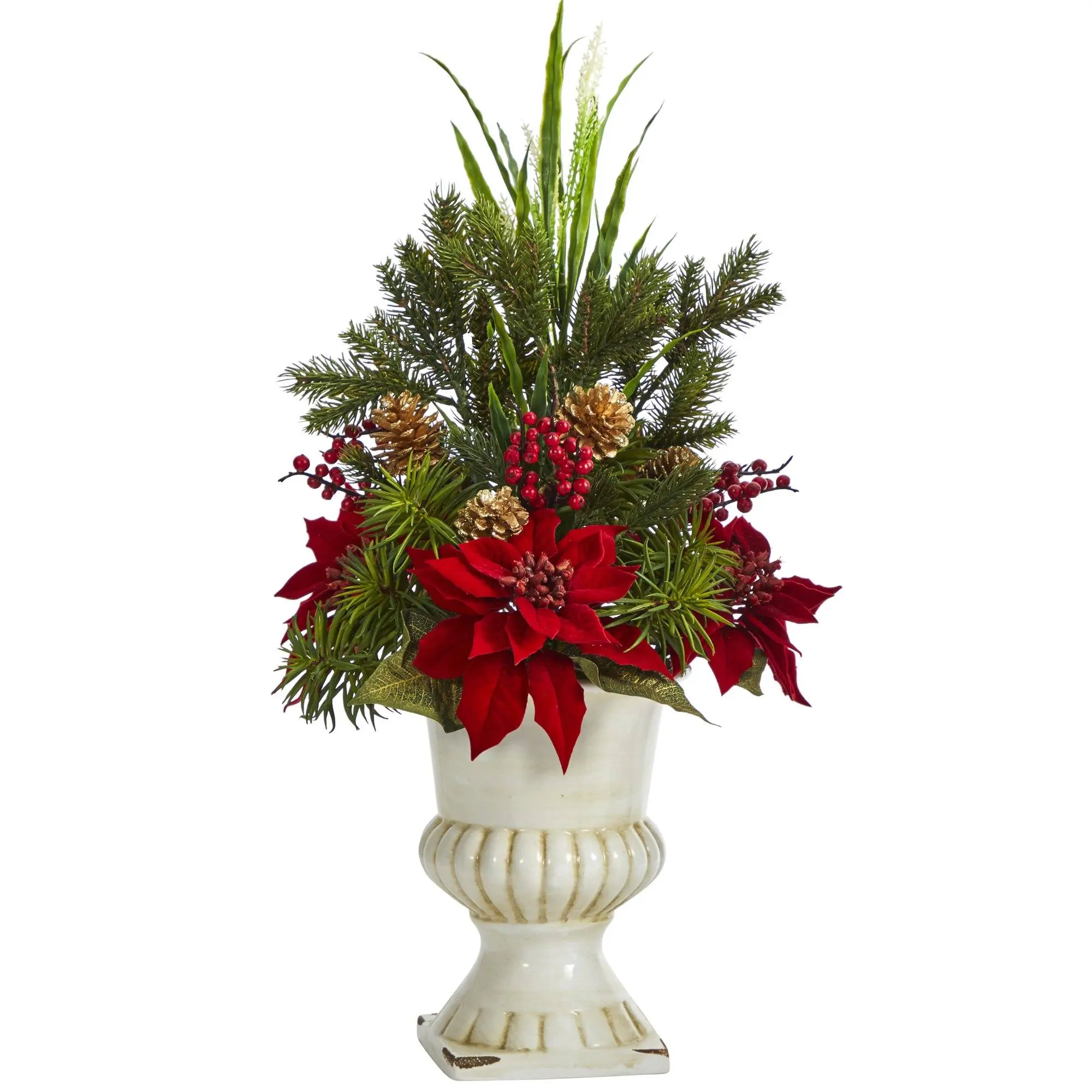 28 In Decorative Artificial Poinsettia Mixed Grasses Succulent & Berry Arrangement in White Plastic Urn - Faux Plants for Home Decor Supplies, Holiday Colors