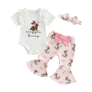 Canrulo Newborn Baby Girl Easter Outfit Bunny Print Short Sleeve Romper Bodysuit Bell Bottoms Set With Headband