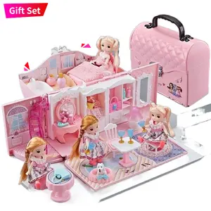 DIY Princess Castle Doll House Portable & Foldable Dollhouse Play House Toy with Bedroom Kitchen Camping Playset, Playhouse Birthday Gift for Girl Kid Toddler Furniture Accessory Kids Gift holiday gift, Pink princess dollhouse with slide