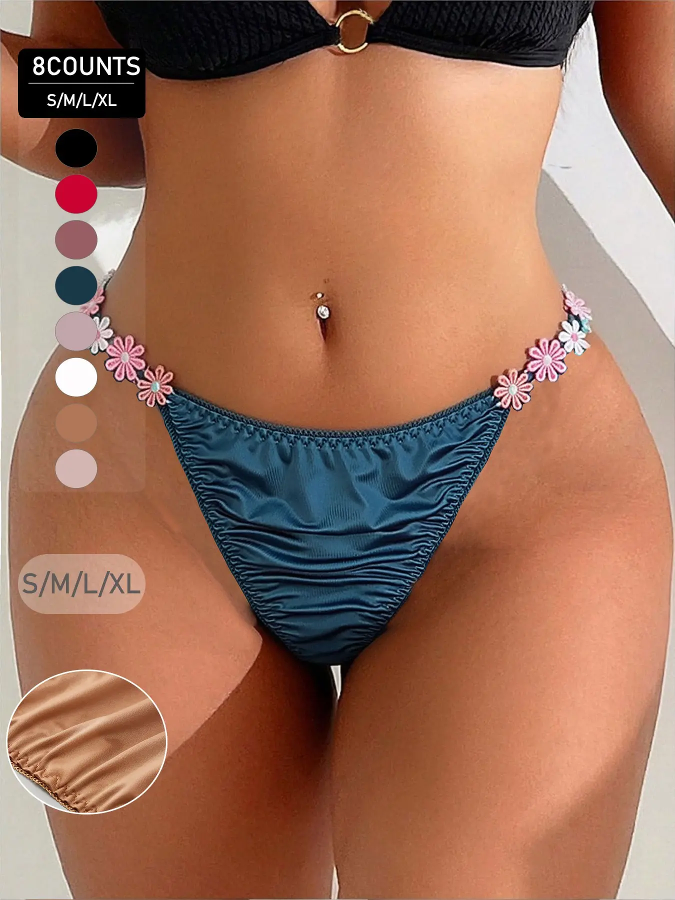 8 Pcs Women's Floral Decor Cute Underwear, Smooth and Comfortable Lingerie, Satin Sexy High-Waisted Panties, All Season Wear, Soft Comfy Knicker Panties