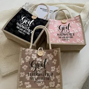 Jesus Loves You Minimalist Christian Print Linen Handbag, Ideal Travel Vacation Gift, Reusable Wedding Bridesmaid Bag with Buttons