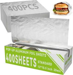 Aluminum Foil Sheets, 400 Count Tin foil,12" x 10.6" Pre-Cut Pop-Up Dispenser for Food Wrap, Hot Dog or Sandwich Wrap,Food Storage, Baking, Catering, Restaurant,Kitchen Use (Silver, 12 Inch) Cookware Disposable Outdoors