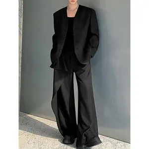 INCERUN Men's Solid Color Long Sleeve Casual Blazer Jacket + Pants Set, Spring & Fall Office Wear, Daily Commute
