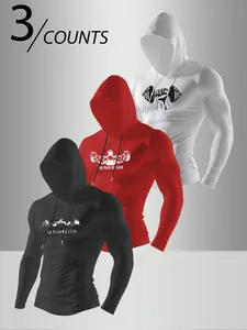 Men's 3-Pack Hooded Compression Shirts, Graphic Dumbbell Pattern Long Sleeve Workout T-Shirts, Gym Athletic Clothes for Gym Training & Casual Wear
