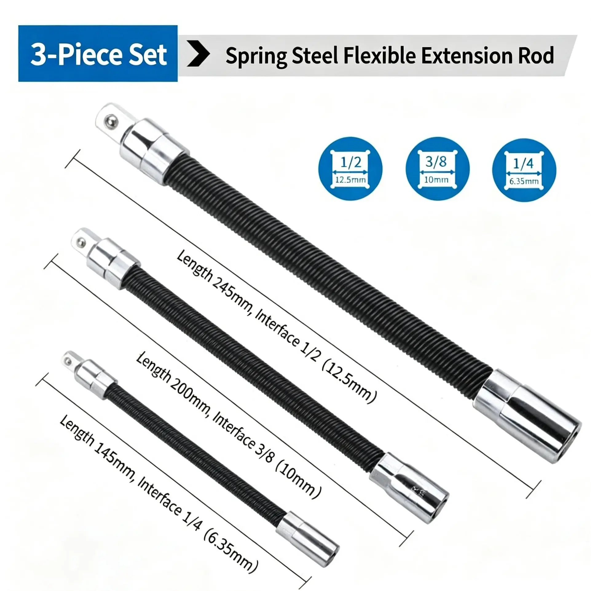 Spring Steel Flexible Extension Rod Set - 1/2", 3/8", 1/4" Drive Socket Adapters for Impact Wrench Conversion (Power Tool Accessory) quick change hex shank kit Multi-Tool offset