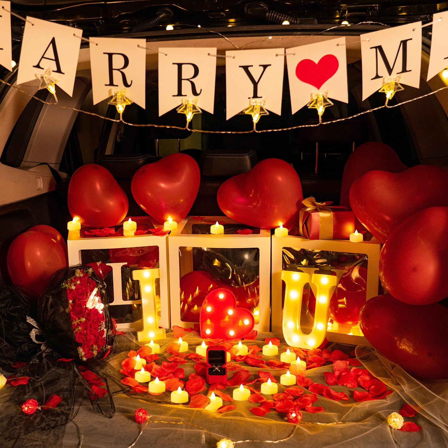 【Mother's Day 】I Love U Light Up Letters Proposal Decorations, I Love U Sign with 24Pcs Flameless Candles 1000Pcs Red Fake Rose Petals 30Pcs Red Balloons for Valentine's Day Wedding Proposal Romantic Night