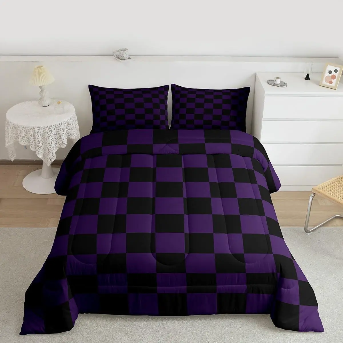 Checkered Bedding Set Purple Black Plaid Comforter Set Cute Retro Neutral Checkerboard Geometric Duvet Quilt Vintage Aesthetic Bedroom Decor