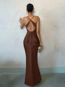 Summer Seaside Beach Vacation Elegant Solid Apricot Smooth Satin Sexy Open Back Bow Maxi Dress, Suitable For Daily Dating, Night Out, Nightclub, Party, Gala, Cocktail Party, Pool Party, Holiday Dress,Fall,Wedding Guest Dress Formal Dresses For Wedding Gue