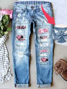 Women's Valentine's Day Heart Distressed Mid-Waist Boyfriend Fit Washed Loose Denim Jeans Button Fly Elastic Waistband Breathable Comfort Fabric All Seasons Wear