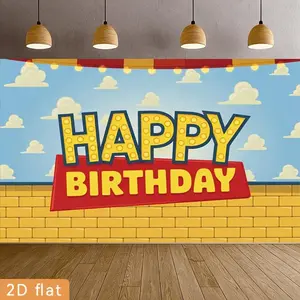 2D Flat Banner 1pc, for Birthday Celebrations Featuring a Happy Birthday Marquee Design with a Brick Wall And Cartoon Clouds, Made of Polyester. This Backdrop Is Perfect for Event Decoration in Homes, Farms, Gard