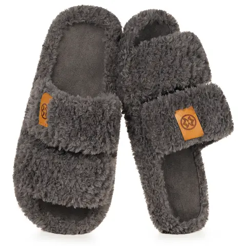 Intini Women's Fuzzy Cloud Slippers - Open Toe Ankle Fur Slides, Casual 3D Fluffy Slip-Ons with Arch Support, Anti-Slip Outsoles, Lightweight Indoor Bedroom Footwear (Dark Grey)