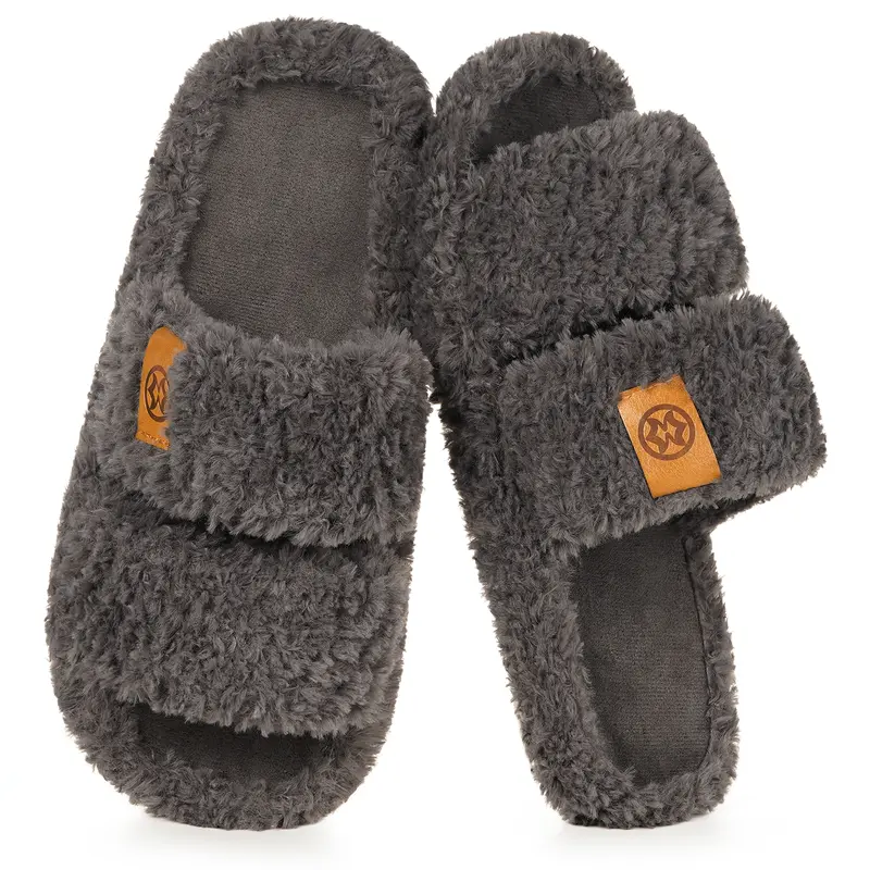 Intini Women's Fuzzy Cloud Slippers - Open Toe Ankle Fur Slides, Casual 3D Fluffy Slip-Ons with Arch Support, Anti-Slip Outsoles, Lightweight Indoor Bedroom Footwear (Dark Grey)