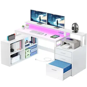 Yitahome L Shaped Desk with 3 Drawers, 65" Corner Computer Desk with Power Outlets & LED Lights, L-Shaped Desk with File Cabinet & Printer Stand for Home Office
