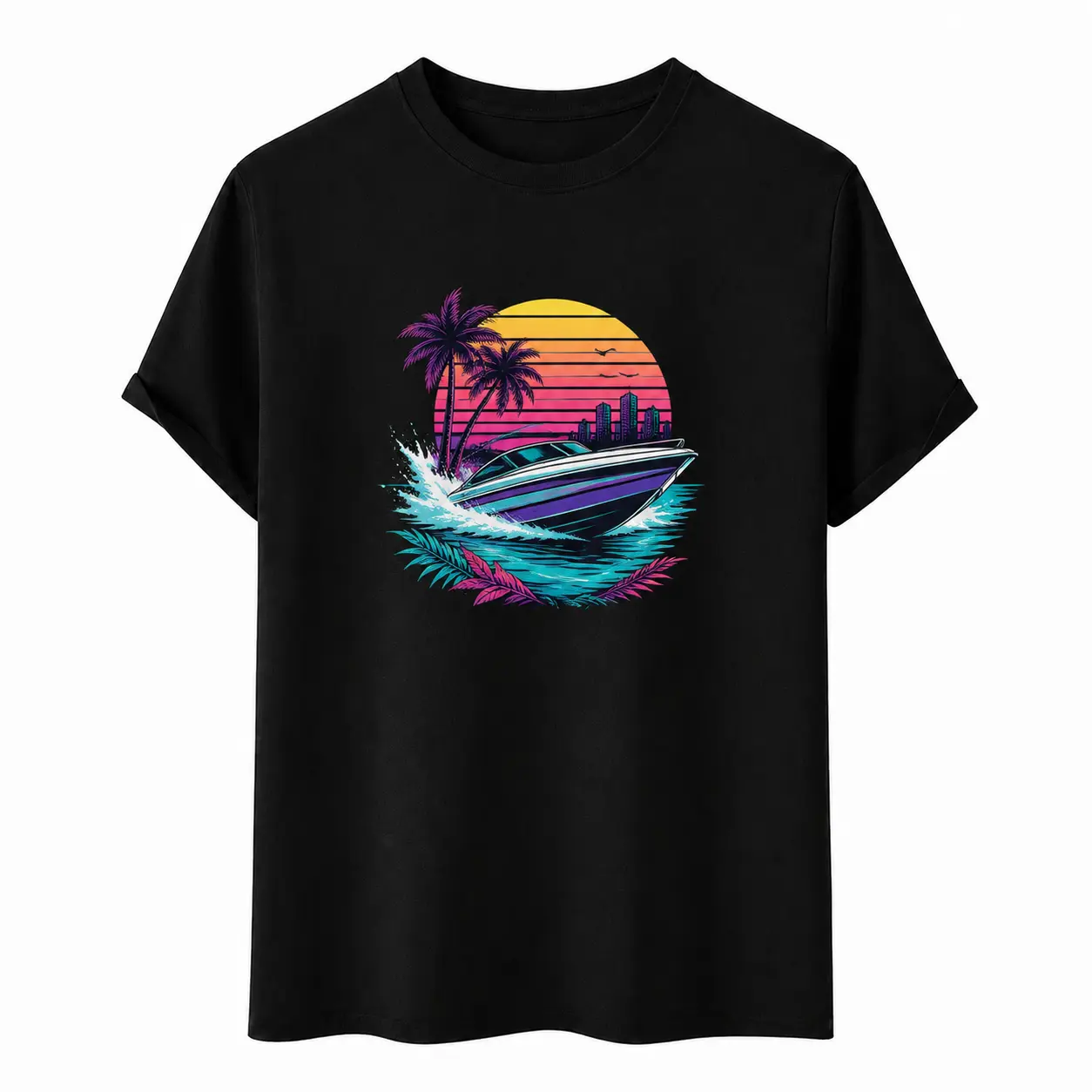 Retro Speedboat Sunset Graphic T-Shirt, Tropical Palm Tree Boat Tee, 100% Cotton Unisex Short Sleeve Crew Neck Shirt, Boating Lover Gift