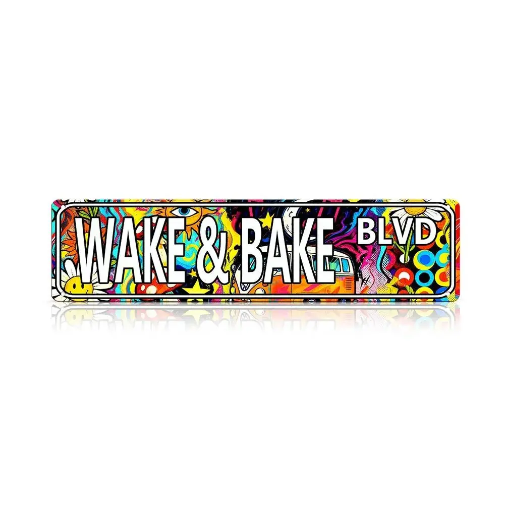 Wake And Bake Blvd Graffiti Street Sign Metal Wall Art Colorful Vintage Road Sign Decor for Gamers Men Room Decor Teen Room Decor Bedroom Decor Game Room Garage Bar Wall Decor Housewarming Birthday Christmas Gift Cool Room Decor Funky Home Decor
