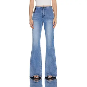 CANANA Stylish High Rise Stretch Flared Jeans for Women Mid Wash with Butterfly Embroidery Flare SH25F04 Women's Plain Flare Leg Jeans Minimalist Denim Bottoms