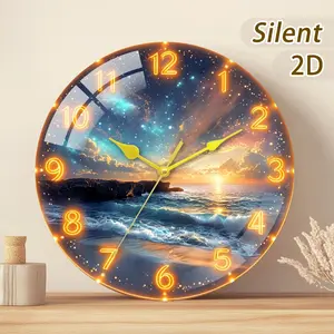 Glass/wooden Quartz Wall Clock, Silent Hanging Clock, Glowing Clock, Ocean Sunset View, Starry Sky, Battery Driven, Home Decor Gift