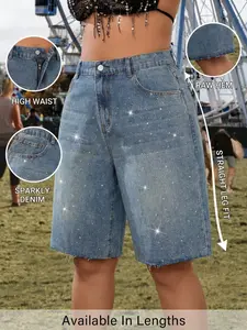 Women's Plus Size Summer Fashion Lightweight Breathable Denim Jeans Fit, Rhinestone Craft Elegant Casual Daily Wear Mid-Calf Pants