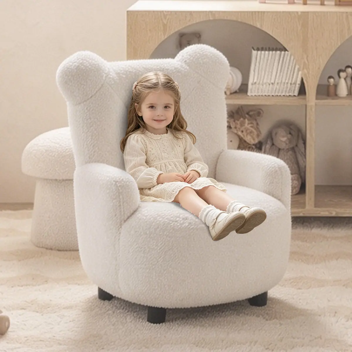 EBELLO Kids Teddy Bear Chair, Soft Boucle Toddler Armchair, Cozy Reading Chair with Bear Ears, Upholstered Accent Sofa Seat for Nursery, Bedroom & Playroom, Supports up to 90 lbs