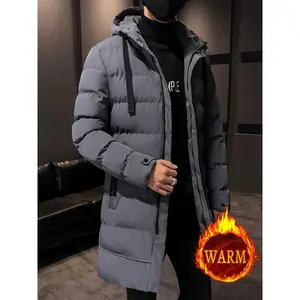 Men'S Casual Hooded Puffer Jacket, Polyester 100% Solid Color Long Length Coat, Non-Stretch Fabric, Regular Sleeve, with Filling, Zipper Placket, Pocket Detail, for Fall/Winter Warm Outerwear pocket jacket zipper jacket  Filler Collar Cotton Menswear