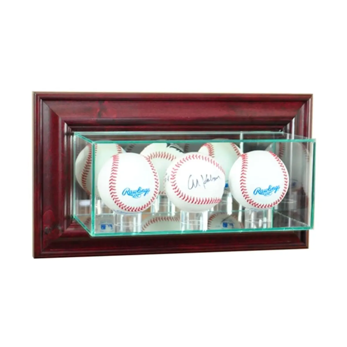212 MAIN Wooden Wall-Mount Triple Baseball Holder Display Case - Cherry Finish, UV Protection, Double Glass, Acrylic Build, Back Mirror, Acid-Free, Room Accessories Home Organizer Storage Rack