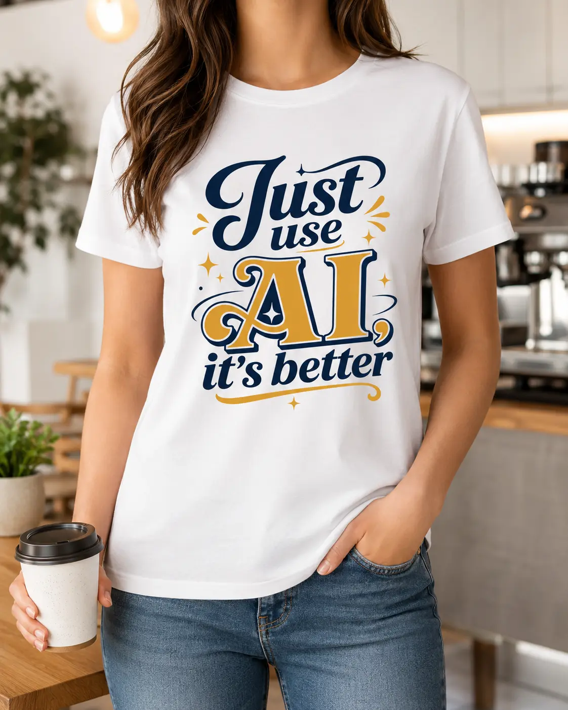 Just Use AI It’s Better Graphic Cotton T-Shirt | White Crew Neck Short Sleeve Tee | Relaxed Casual Fit Funny Tech Quote Streetwear | Minimal Slogan Top for Daily Coffee Shop Outfits  2213