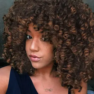 SummerVibes AISI HAIR Afro Curly Wig with Bangs Dark Brown Mixed Blonde Wigs Synthetic Wig for Black Women Full Wigs for Daily Use