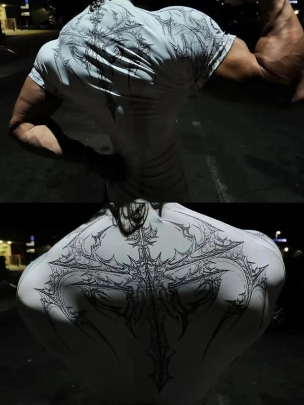 GYM T-shirt Men's Dark Gothic Print Muscle Tee  High Elasticity And Quick Drying Exercise For Bodybuilding Training 2025 Summer