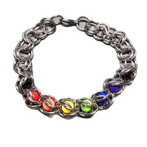 Rainbow Pride Chainmail Bracelet with Colorful Beads and Metal Links