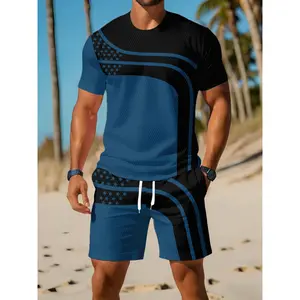 Casual sports suit, breathable outdoor leisure men's round neck T-shirt and shorts set, summer digital print set for adult men