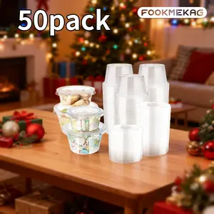 50 plastic transparent sauce cups, 2-ounce and 4-ounce disposable jelly cups, plastic containers with lids, suitable for sauces, mousse, seasonings, salad dressings, food storage. They can be stacked and reused. Essential for Christmas and Thanksgiving.