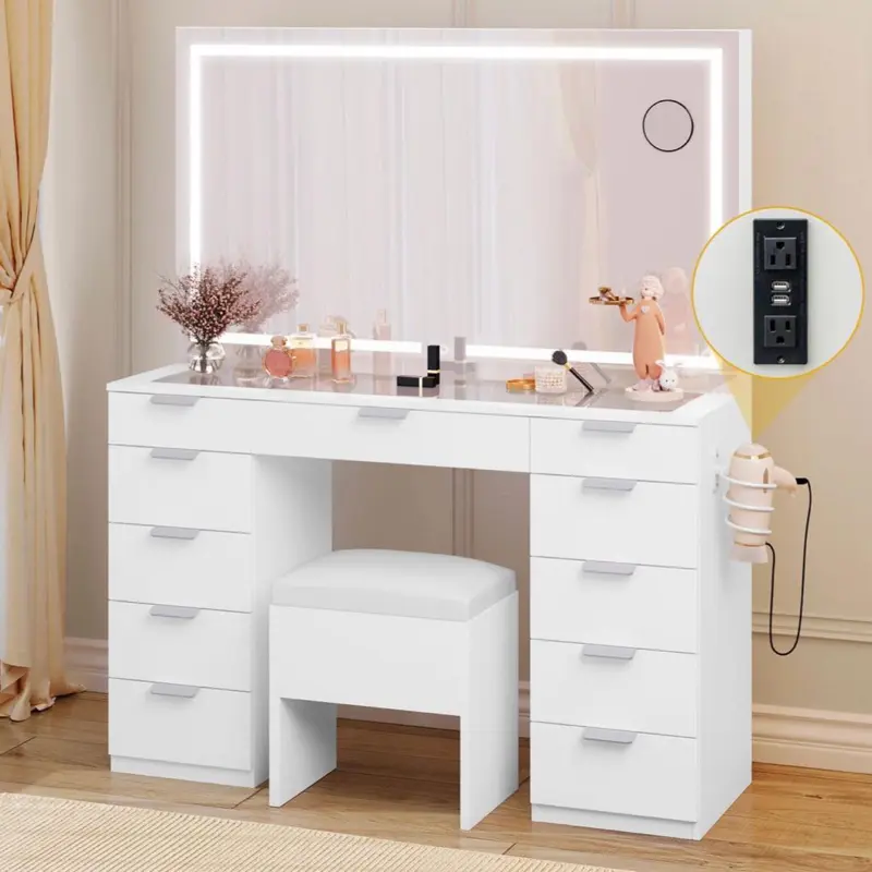 Vanity Set Led Lighted with Sliding Mirror Makeup Dressing Table 11 Drawer