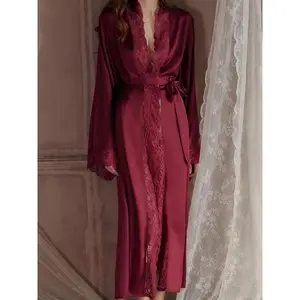 Women’s satin robe with contrasting lace waistband, long-sleeved V-neck casual robe, bridal robe, spring and autumn women’s pajamas GARMENTARY