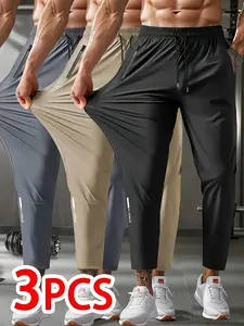 Men’s Ice Silk Fiber Jogging Pants, 3-Pack — Breathable, stretchy athletic pants with zippered pockets, suitable for running, fitness, and outdoor activities (black, gray, khaki); running gear, casual sportswear, high elasticity