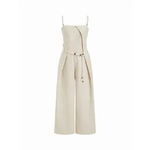 Cider Linen-blend Mid Rise Straight Leg Jumpsuit With Beaded Belt