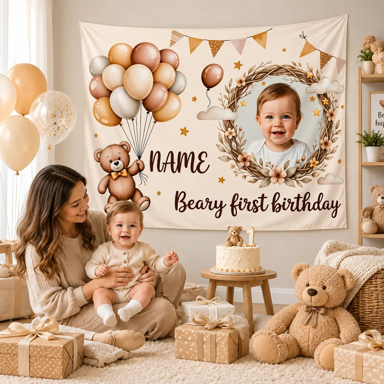 Custom Lightweight Baby 1st Birthday Backdrop Tapestry - Personalized Name Photo Prop, Neutral Boho Teddy Balloon Happy Decoration, Casual All Seasons Baby Nursery Wall Decor, Birthday Ideas Supply, Happy Birthday, Baby Nursery Decoration