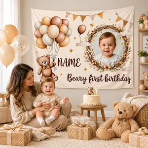 Custom Baby First Birthday Backdrop Tapestry Personalized Photo Name Neutral Boho Teddy Balloon Party Decoration Nursery Wall Decor for Kids Room