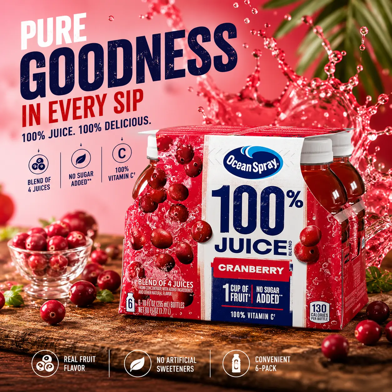 100% Cranberry Fruit Juice Beverage, 10 oz Bottle (Pack of 6)