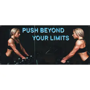 PUSH BEYOND YOUR LIMITS! - Motivational Banner - 48 x 21 Inch Wall Decor - Durable 13oz UV Printed Vinyl with 4 Corner Grommets - Women Fitness Gym Office Garage Workout Poster Style Banner - Bold Sturdy Indoor Outdoor Sign Hanging Banner