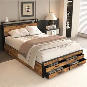 Queen Size Bed Frame with 8 Storage Drawers, LED Headboard with Charging Station, Metal Platform Bed Frame, No Box Spring Needed, Noise-Free, Stable and Solid, Brown