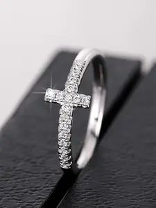 Women's Elegant Rhinestone Decor Cross Design Promise Wedding Ring for Gift, Trendy Exquisite Engagement Ring, Chic Luxury Jewelry As Gift for Girlfriend, Valentine's Day, Gift