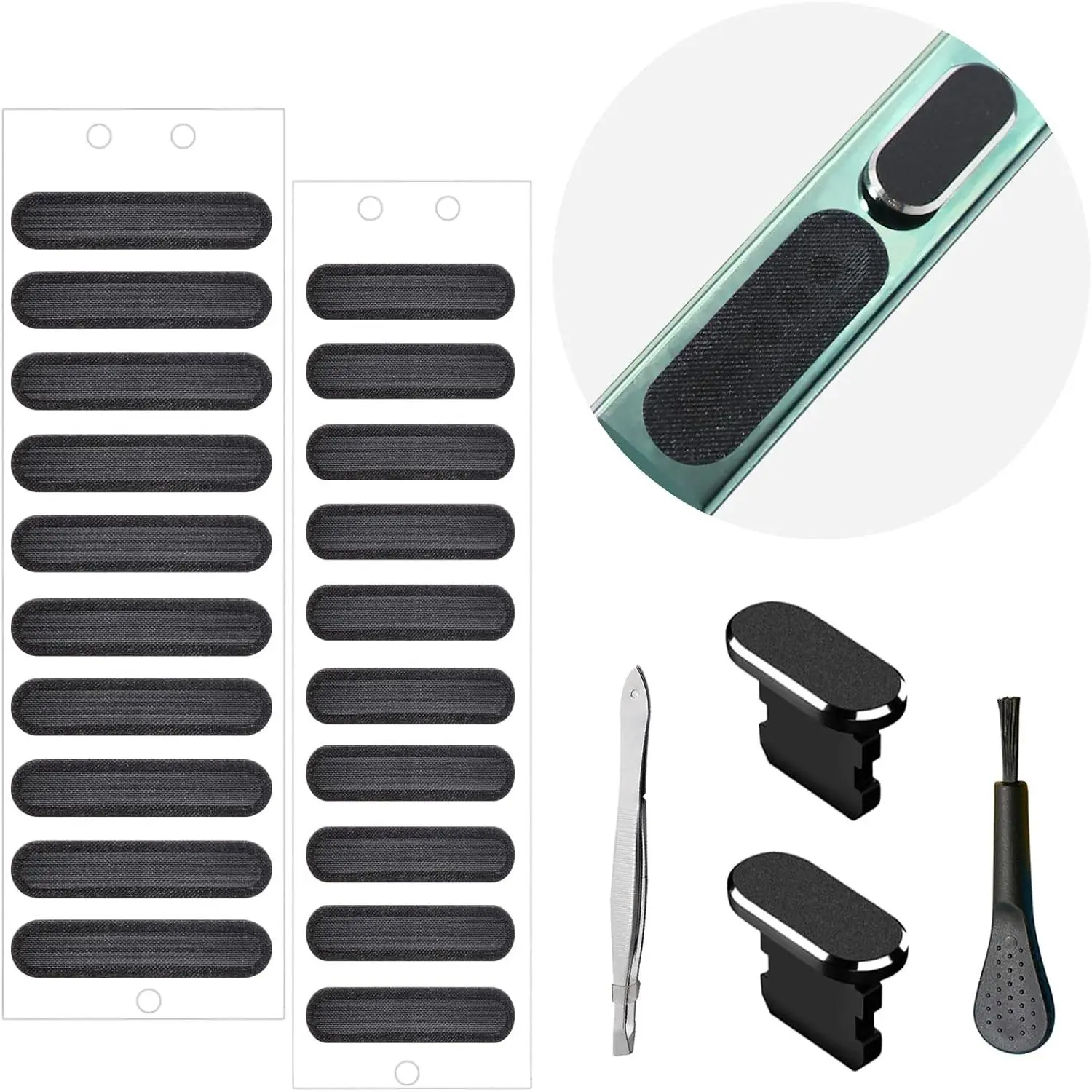 Black Phone Speaker Dustproof Mesh Stickers with Adhesive Covers, Anti-Dust Plugs, Port Cleaning Brushes & Tweezers – Phone Accessories for iPhone 14,13,12 Pro Max,11 Protection, Metal Plugs