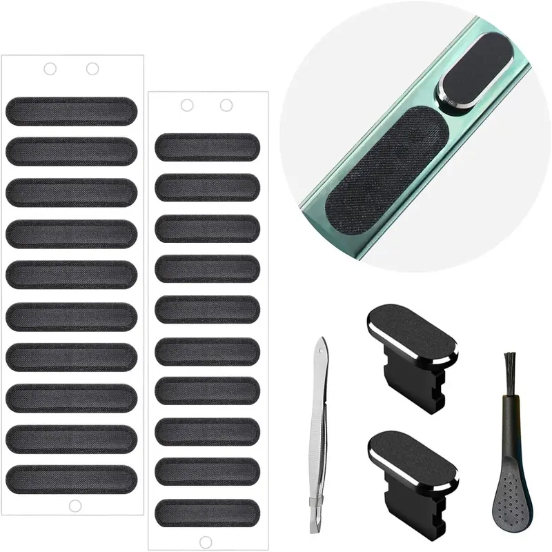 Black Phone Anti-Dust Protection Set - Dustproof Mesh Stickers with Adhesive Covers, Metal Plugs, Port Cleaning Brushes, Tweezers, Phone Accessories for iPhone 14,13,12 Pro Max,11 Users