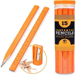 Carpenter Pencils 15 Pack with Sharpener and Storage Container -- Flat Construction Pencils for Framing, Woodworking, Concrete, Drywall | For Contractors & DYI