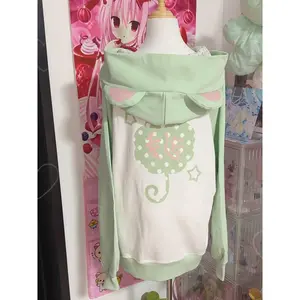 Print Zipper Y2k Sweatshirt 2025 Autumn Japanese Sweet Kawaii Rabbit Ears Hooded Coat Women Cute Patchwork Fashion Lolita