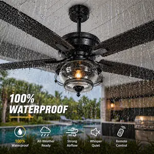 Kviflon 52'' Outdoor Ceiling Fan with Light & Remote - Waterproof Wet Rated, 6 Speeds, Reversible Blades, Teardrop Glass Shade, A5012