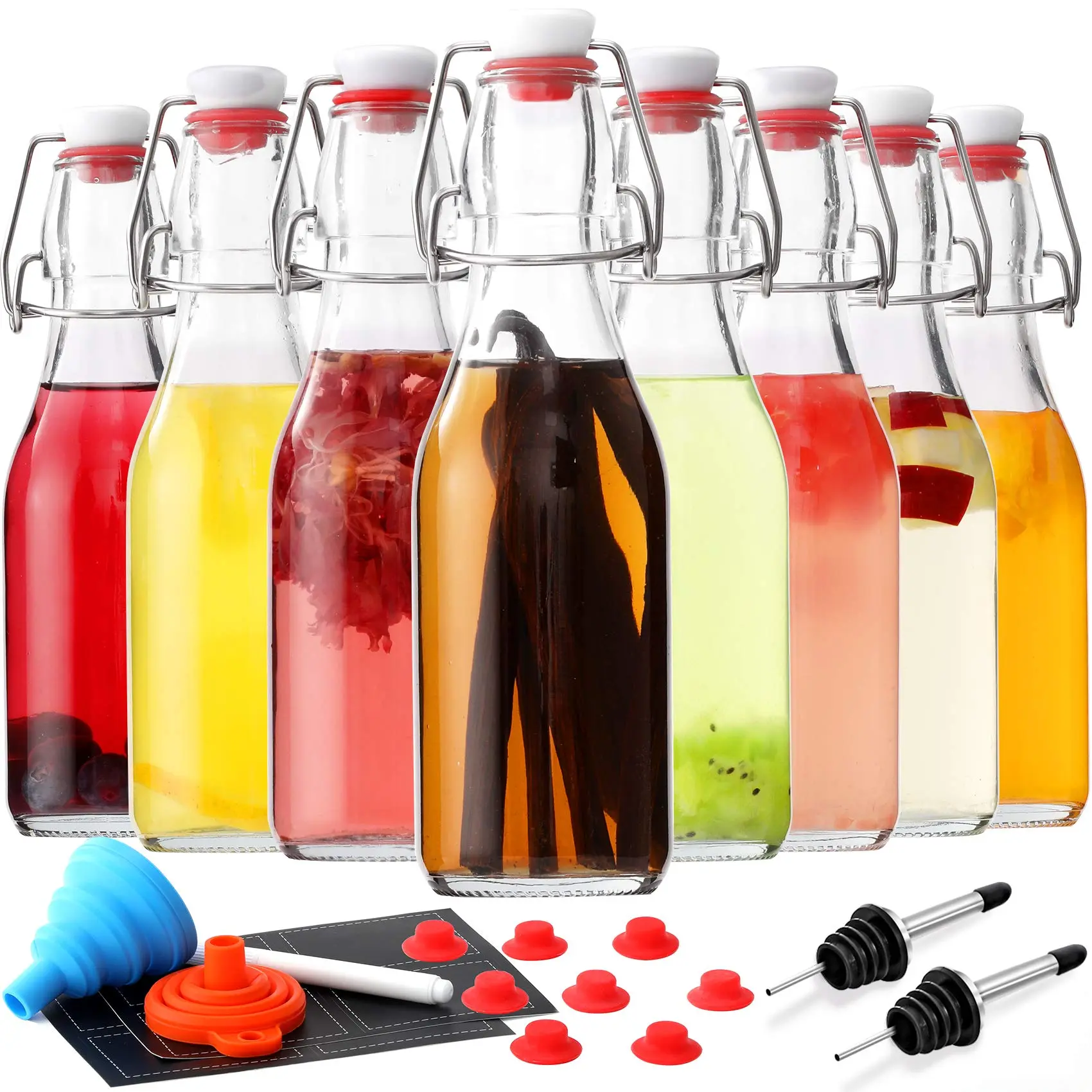 8-Pack 8.5oz Flip Top Glass Bottles, Swing Top Beer Brewing Bottle for 2nd Fermentation, Kombucha, Kefir, Vanilla Extract, Coquito, Juice, Tea - Airtight Stopper Cap Lid, Bonus 2 Bottle Pourers Silicone Steel Transparent Box